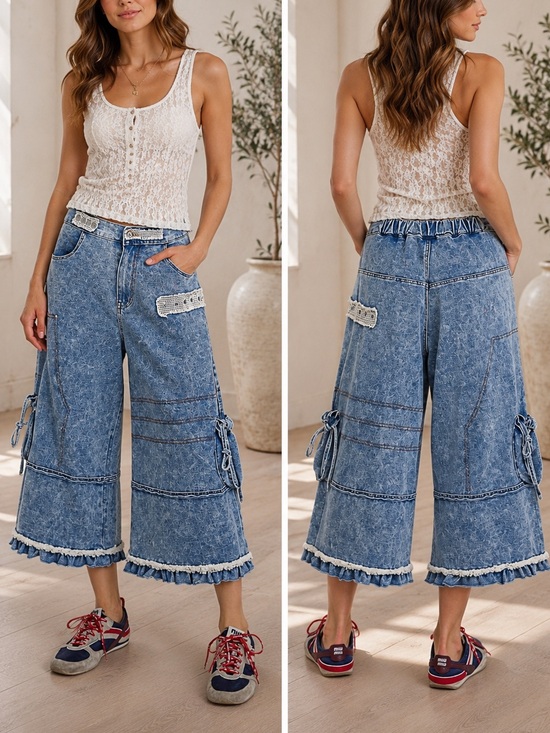 POL Pants - 128. POL Women’s Wide Leg Acid Wash Denim Gaucho with Lace and Ruffle Trim NEW